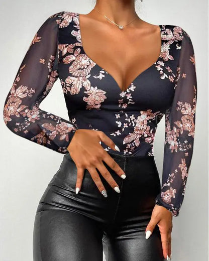 Contrast Lace Cutout Long Sleeve Top
