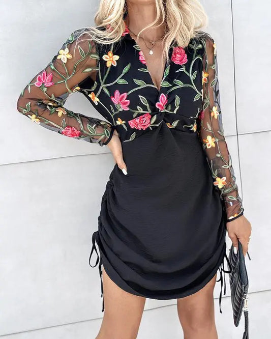 Floral Embroidery Pattern Shirt Dress Mesh Patch V-Neck Side Drawstring Mini Dress