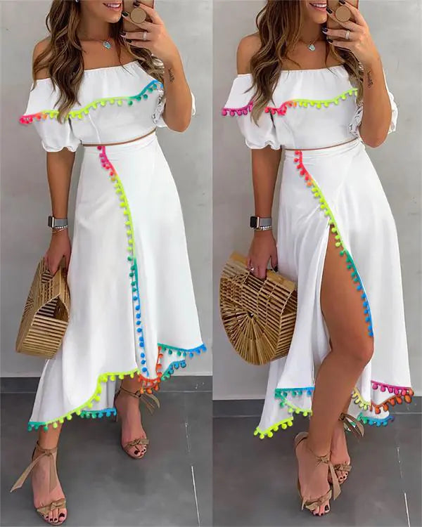 Colorblock Off the Shoulder Dip Hem Tassel Front Slit Dress Elegant Dress