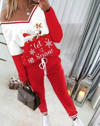 2 Piece Lounge Outfit Long Sleeve Skew Neck Pullover Tops Stretchy Waist Pants Set Tracksuit