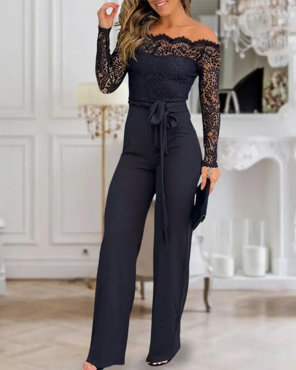 Off Shoulder Long Sleeve Eyelash Lace Patch Slim Fit Jumpsuit Tied Detail Casual Overalls