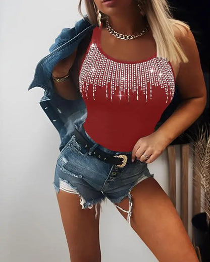 Round Neck Rhinestone Decor Skinny Tank Top