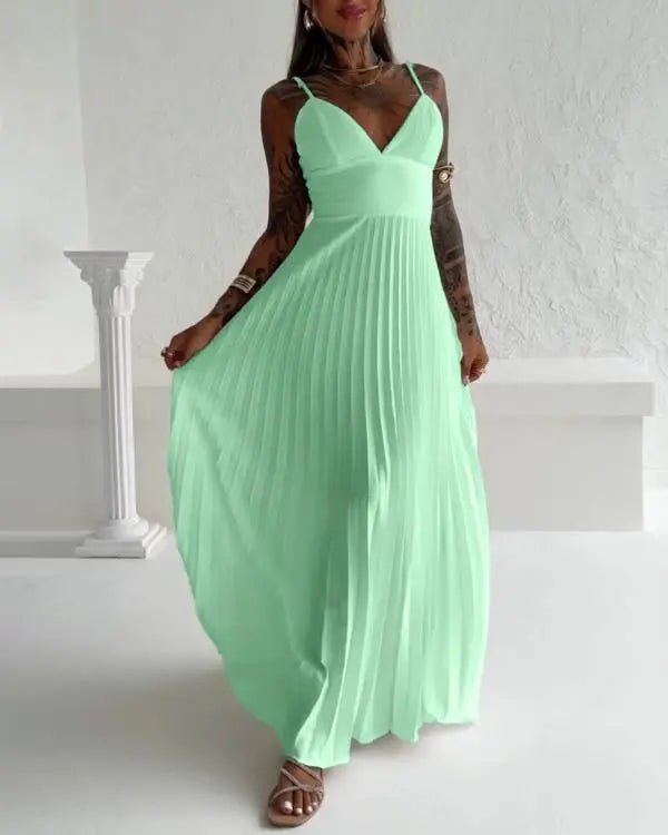 Bandeau Sleeveless Pleated Dress Elegant Flowy A Line Maxi Dress