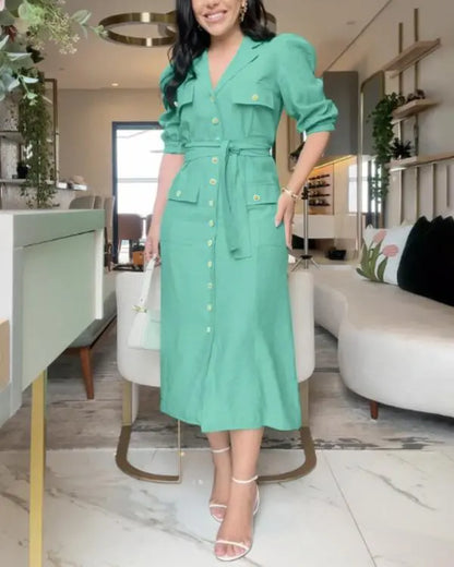 Turn-down Collar Puff Sleeve Button Front Midi Dress Casual Pocket Design A Line Dress with Belt
