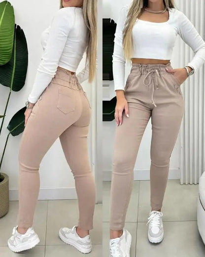 Fleece Lined Joggers with Pockets Drawstring High Waisted Thermal Winter Warm Pants
