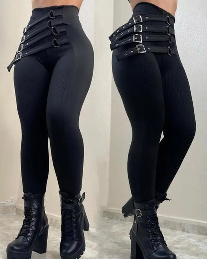 Mesh Patch Buckled High Waist Pants