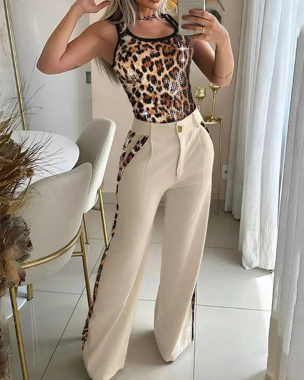 2 Piece Leopard Pattern Contrast Sequin Thick Strap Tank Wide Leg Pants Casual Set