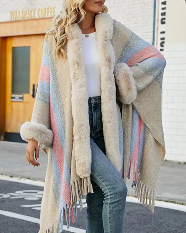 Fuzzy Collar Shawl Poncho Knit Cardigan