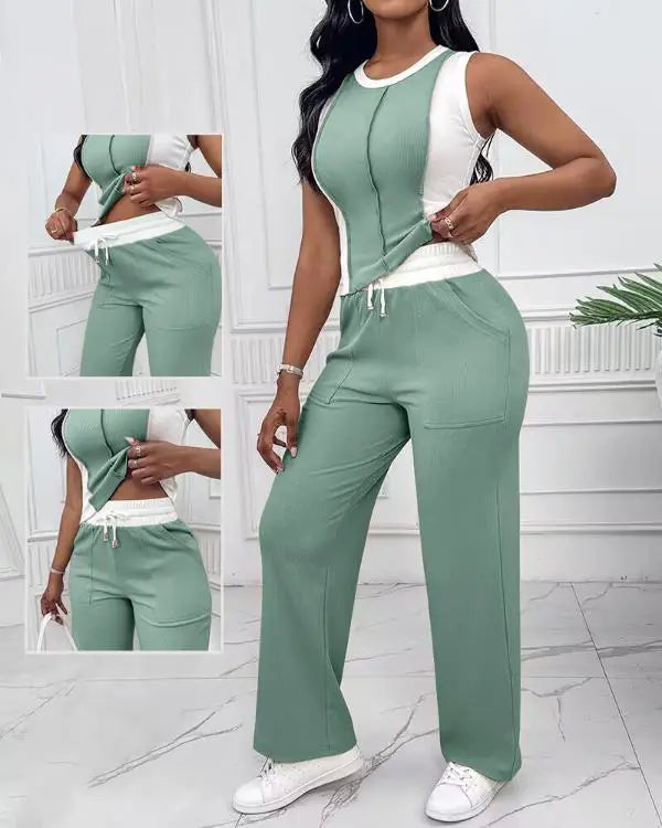 2 Piece Loungewear Set Colorblock Tank Top and Straight Leg Pocket Design Pants Tracksuit Casual Outfits