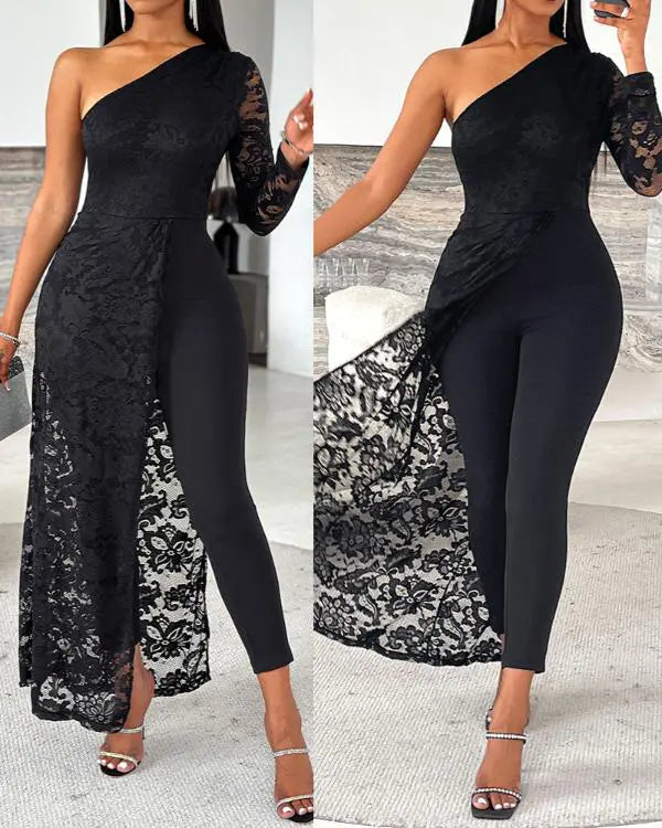 One Shoulder Lace Patch Asymmetrical Hem Jumpsuit