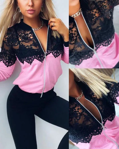 Guipure Lace Zipper Front Long Sleeve Coat