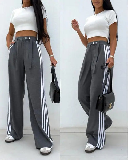 Striped Buttoned Pocket Design Casual Straight Leg Pants