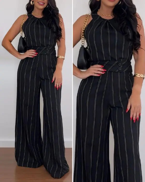 2 Piece Striped O-neck Sleeveless Top Buttoned High Waist Wide Leg Pants Outfits Set