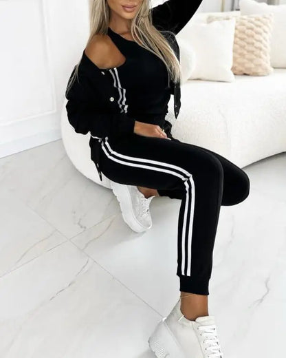 3 Piece Outfits Matching Sets Striped Tape Patch Tank Tops Button Front Jacket Cuffed Pants with Pockets Tracksuit