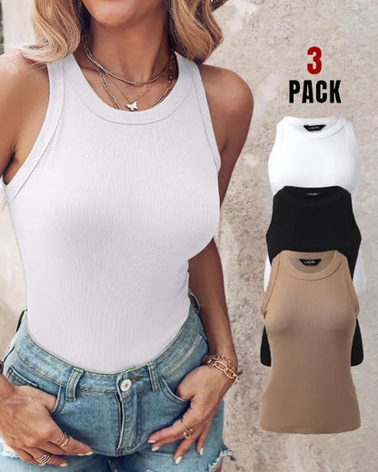 3-Pack Knit Round Neck Thick Strap Racerback Tank Tops