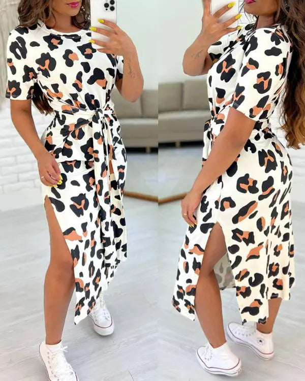 Pink Leopard Print Tied Detail Slit Casual Dress