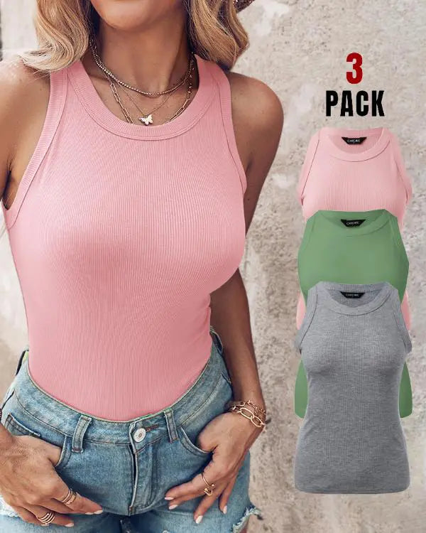 3-Pack Knit Round Neck Thick Strap Racerback Tank Tops