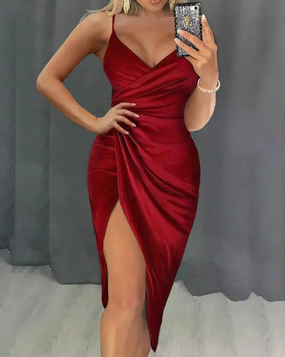 V-Neck Spaghetti Strap Ruched High Slit Wrap Bodycon Party Dress