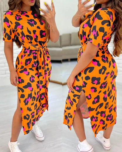 Pink Leopard Print Tied Detail Slit Casual Dress