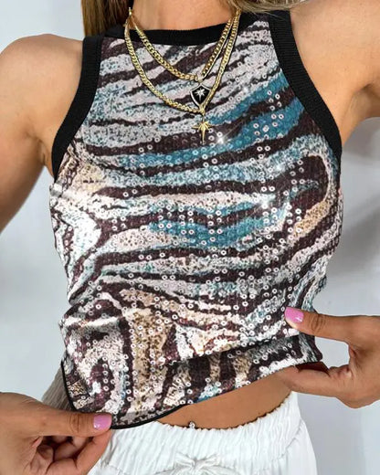 Glitter Lurex Allover Sequin O-Neck Sleeveless Slim Fit Tank Casual Tee