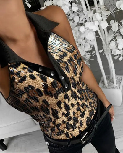 Rhinestone Contrast Sequin Keyhole Neck Sleeveless Slim Fit Elasticity Ribbed Top Elegant Tank