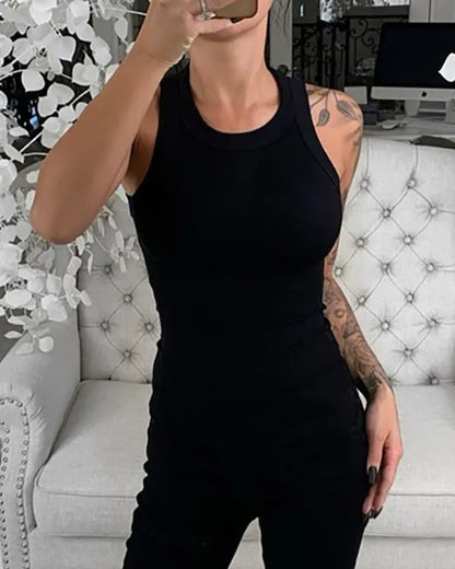 O-Neck Knit Sleeveless Basic Slim Fit Tummy Control Tank Casual Top