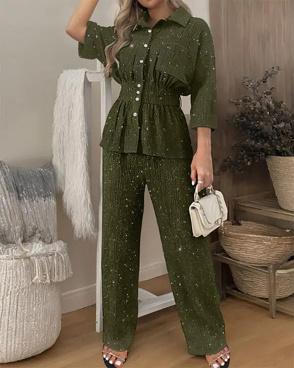 2 Pieces Glitter Stand Collar Three Quarters Sleeve Button Front Blouse and Casual Loose Fit Pants Set