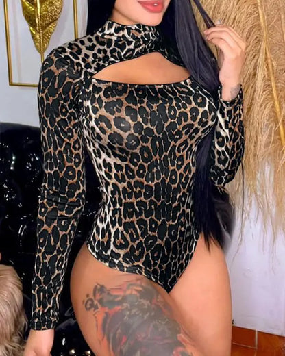 Leopard Print High Neck long Sleeve Slim Fit Bodysuit Sexy Hollow Out Overall