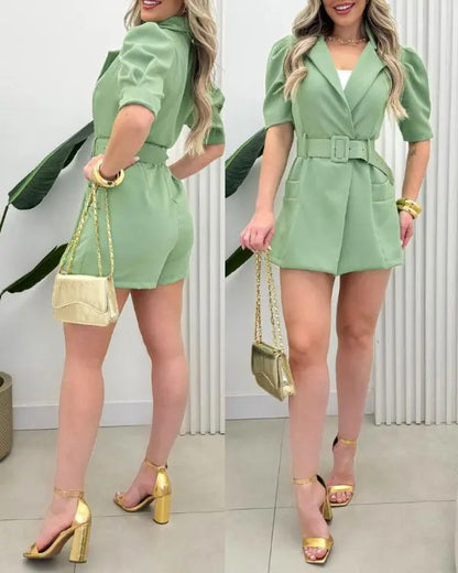 Notched Collar Puff Sleeve Above Knee Jumpsuit Elegant Rompers with Pocket