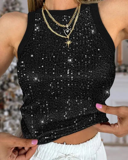 Glitter Lurex Allover Sequin O-Neck Sleeveless Slim Fit Tank Casual Tee