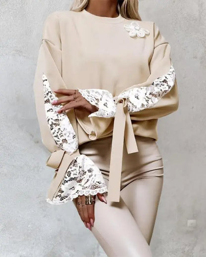 Colorblock Floral Pattern Tied Long Sleeve Lace Patch Sweatshirt