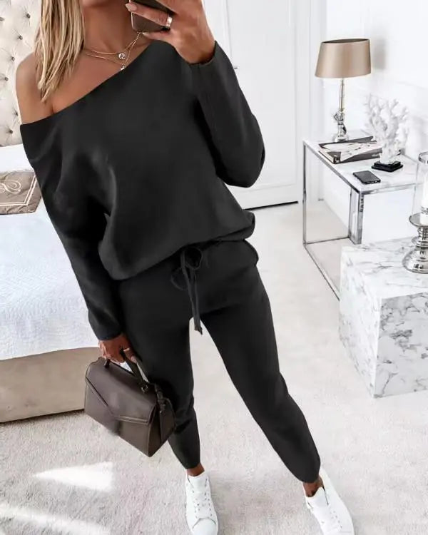 2 Piece Lounge Outfit Long Sleeve Skew Neck Pullover Tops Stretchy Waist Pants Set Tracksuit