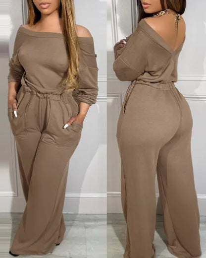 Off Shoulder V-Back Stretchy Waist Pocket Design Jumpsuit