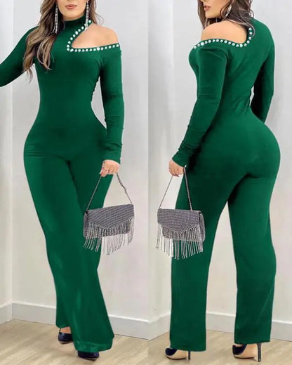 Rhinestone Cold Shoulder High Neck Jumpsuit Long Sleeve Slim Fit Flared Jumpsuit