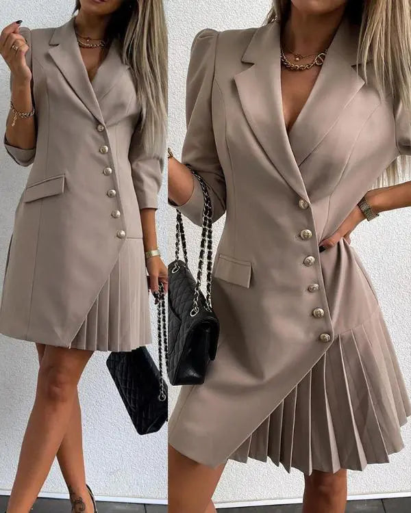 Asymmetrical Button Pocket Design Pleated Blazer Dress