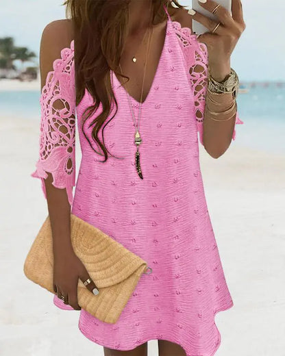 V-Neck Cold Shoulder Sleeveless Lace Hem Straight Dress Vacation Dress