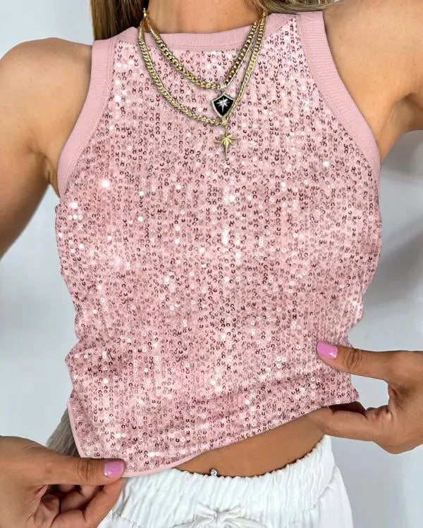 Contrast Sequin Leopard Pattern O-neck Sleeveless Tank Tops Slim Fitted Shirt