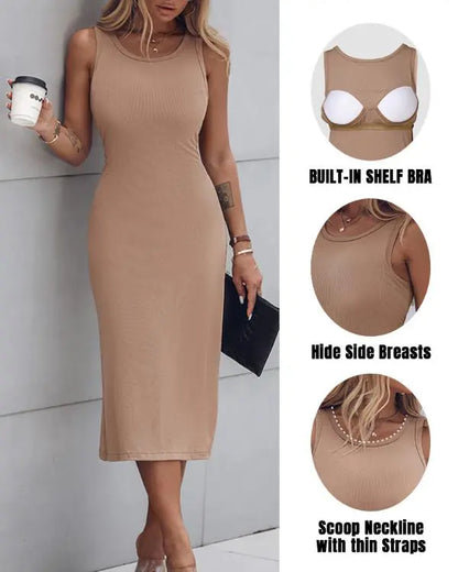 ShapeSculpt Shapewear Built-in Bra Tank Bodycon Dress Sleeveless Crew Neck Slim Casual Ribbed Mid-calf Dress
