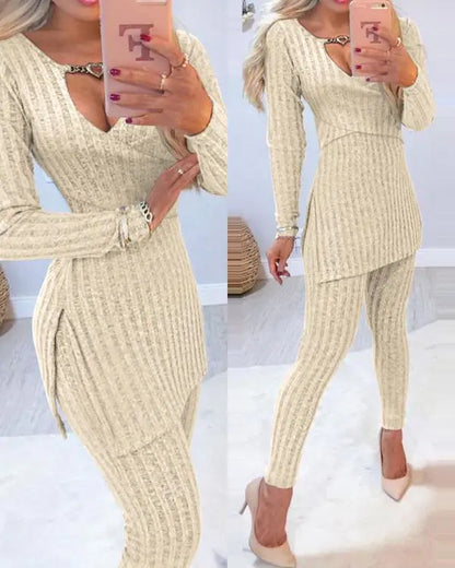 2 Piece Outfits Long Sleeve Beaded Side Slit Knit Top High Waist Skinny Pants Lounge Sets