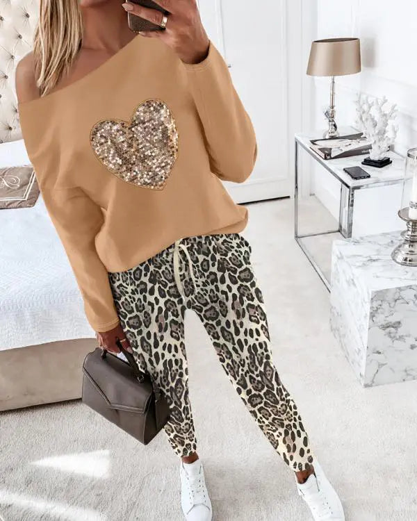 2 Piece Heart Leopard Print Tracksuits Set Skew Neck Long Sleeve Top Pants Sets with Pockets