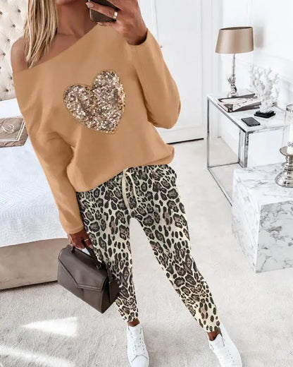 2 Piece Heart Leopard Print Tracksuits Set Skew Neck Long Sleeve Top Pants Sets with Pockets