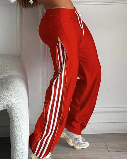 Striped Side Zipper Design Drawstring Wide Leg Casual Pants