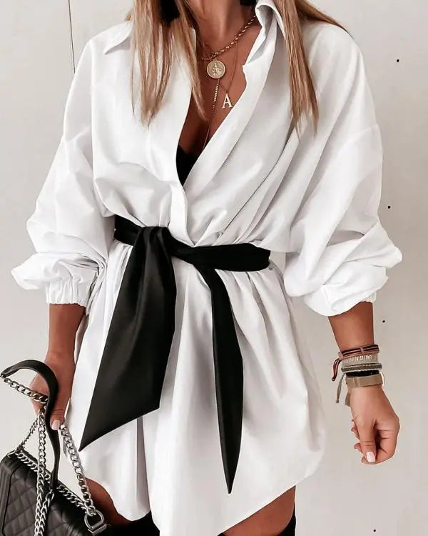 Bronzing Chevron Print Turn-down Collar Tied Detail Shirt Dress