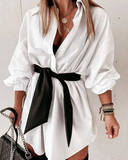Bronzing Chevron Print Turn-down Collar Tied Detail Shirt Dress