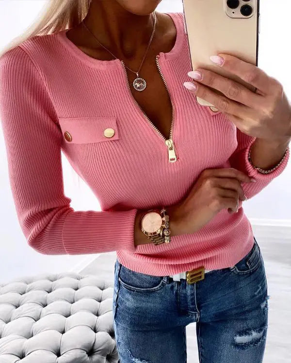 Crewneck Half Zipper Design Long Sleeve Knit Sweater Casual Pullover Tops