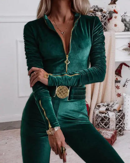 Velvet Zipper Design Ruched Long Sleeve Jumpsuit With Elastic Waistbelt