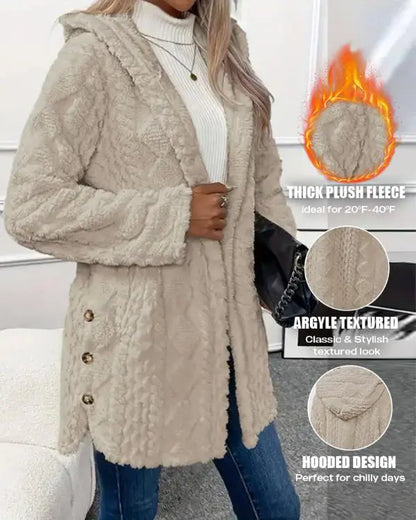 Argyle Textured Button Down Side Slit Long Sleeve Fleece Teddy Coat Hooded Jacket Warm Outwear