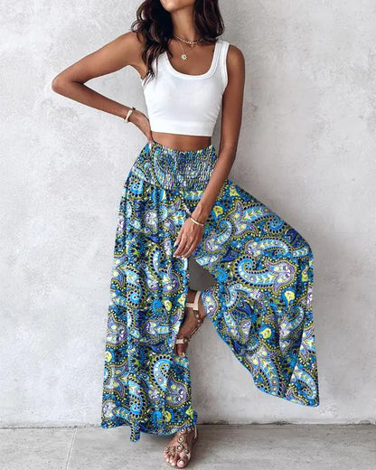 Coconut Tree Print Shirred Wide Leg Pants