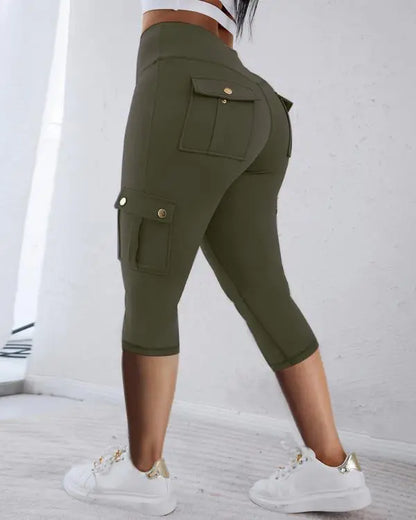 Camouflage Print High Waist Skinny Button Leggings with Pocket Casual Pants