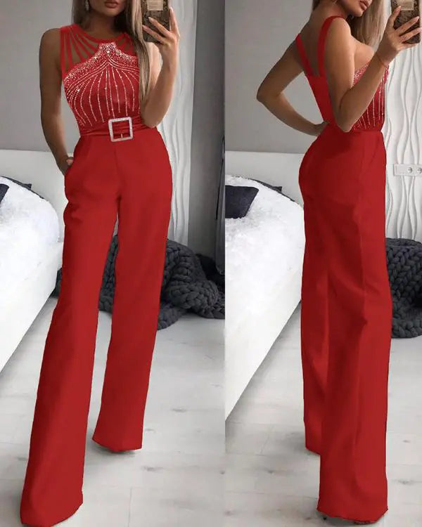 Multi Strap Sleeveless Jumpsuit Rhinestone Bootcut Overalls